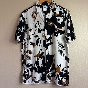 Zara Men's Black Off-White and Brown Floral Button Down Shirt size L Relaxed Fit